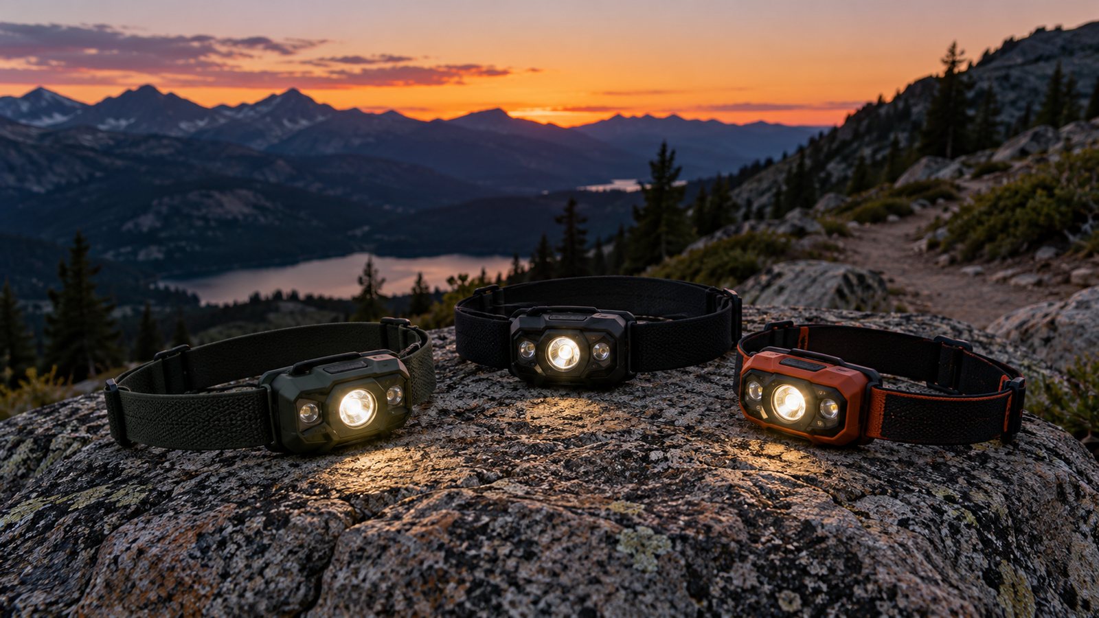 Three unbranded headlamps on a granite rock at dusk (illustrative)