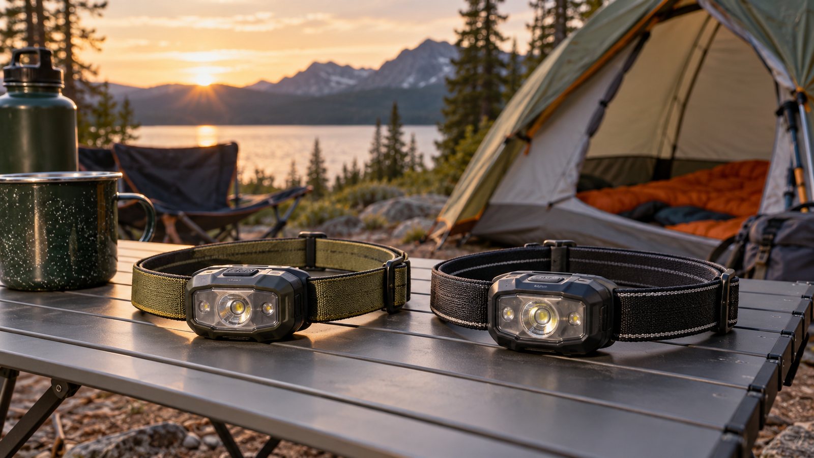 Two unbranded compact headlamps on a camp table (illustrative)