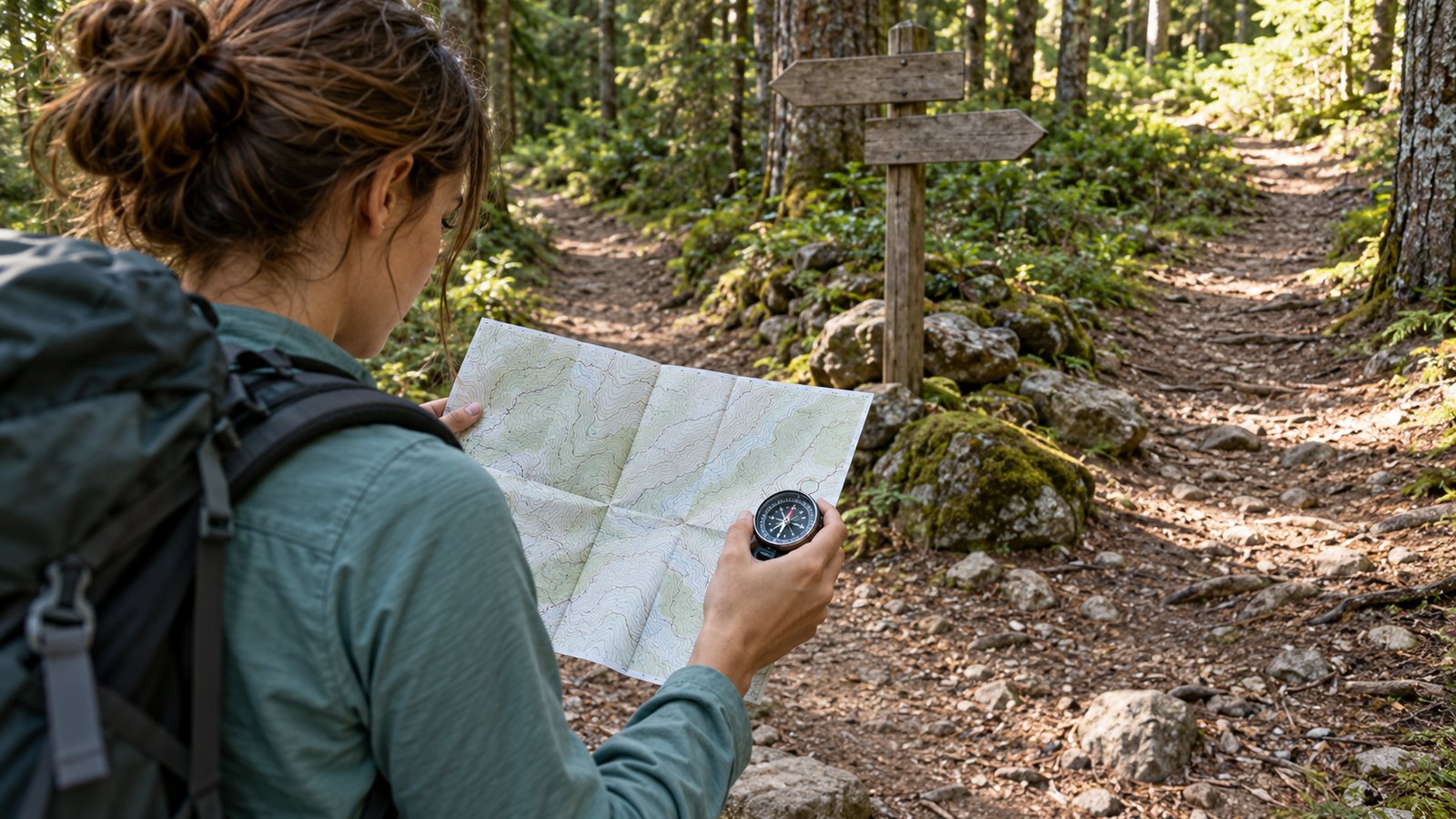 A hiker at a forest trail junction with gear spread out (illustrative)