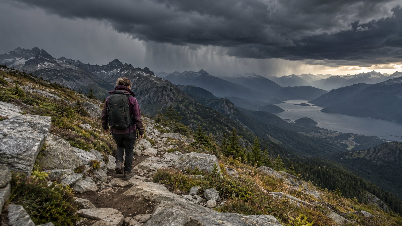 Storm clouds building over a mountain ridge as a hiker descends (illustrative)