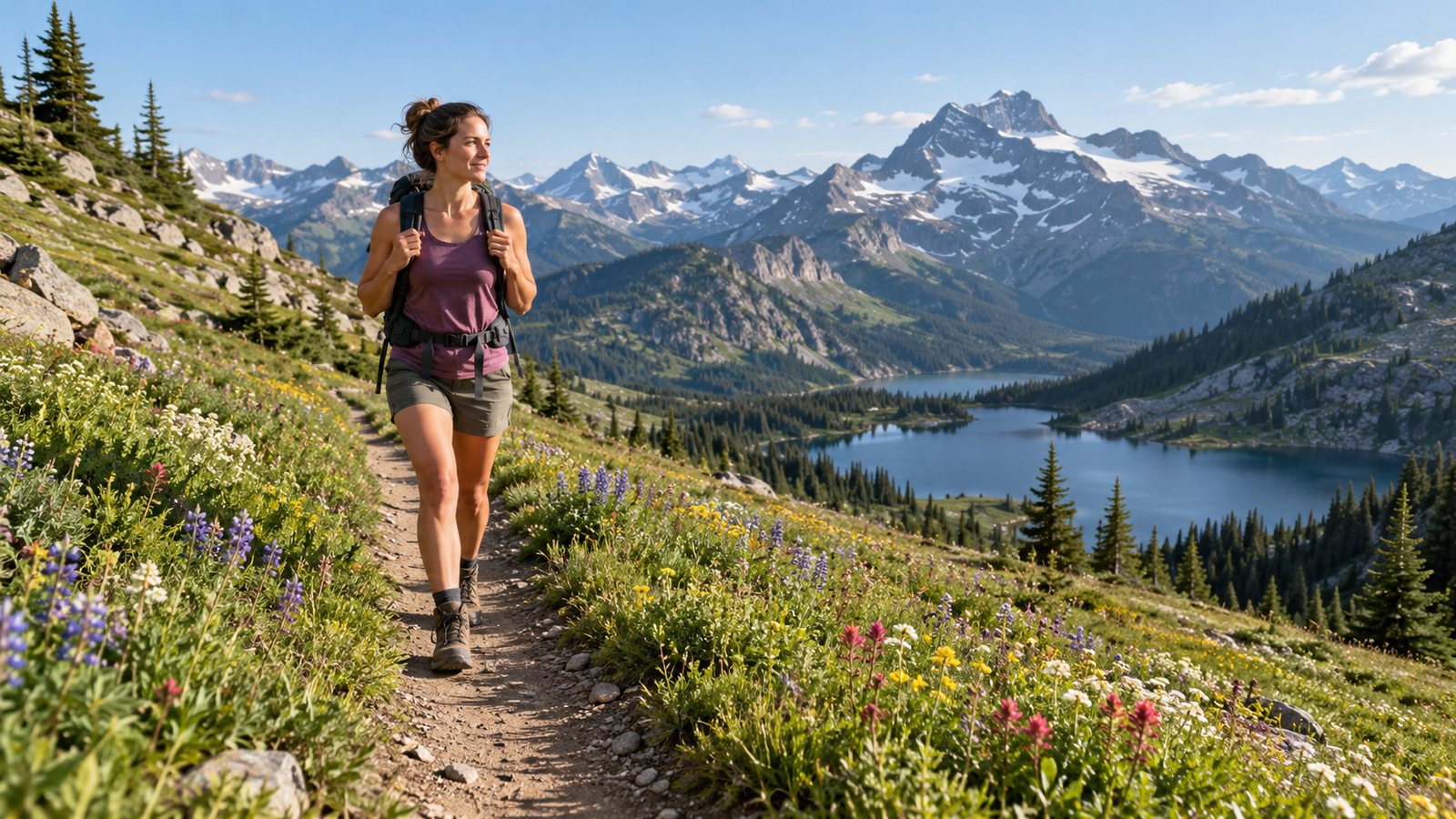 A hiker on a narrow established trail through an alpine meadow (illustrative)