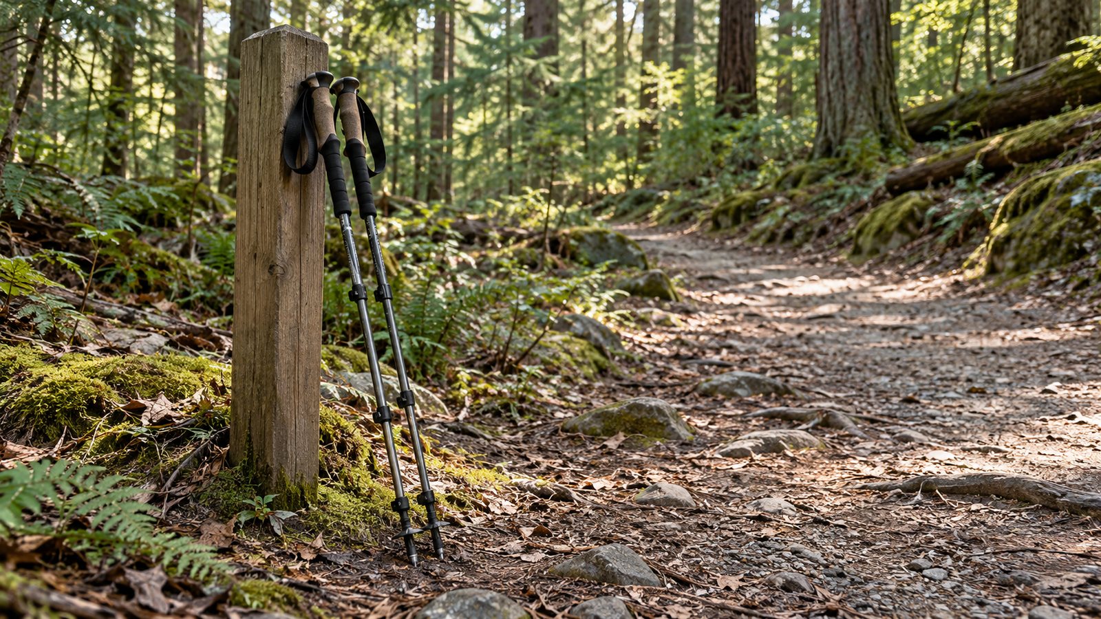 A pair of unbranded trekking poles leaning on a wooden post in a forest (illustrative)