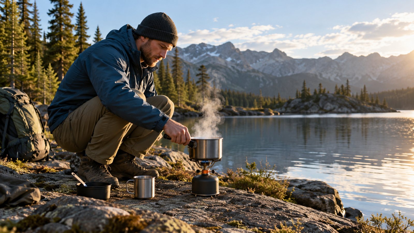 A backpacker boiling water on a small camp stove beside a lake (illustrative)